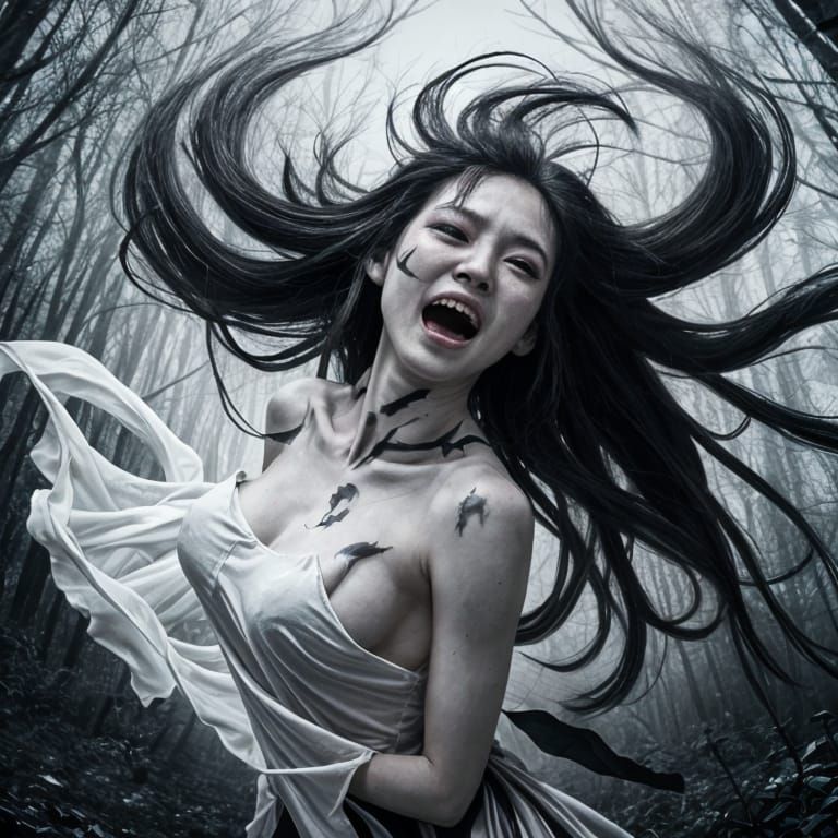 Asian Banshee Screaming in Dark Forest