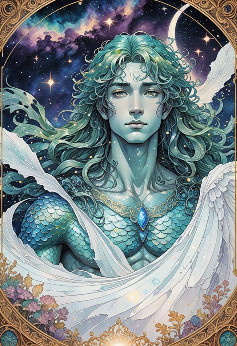 Cosmic Manga Merman Portrait in Ethereal Style
