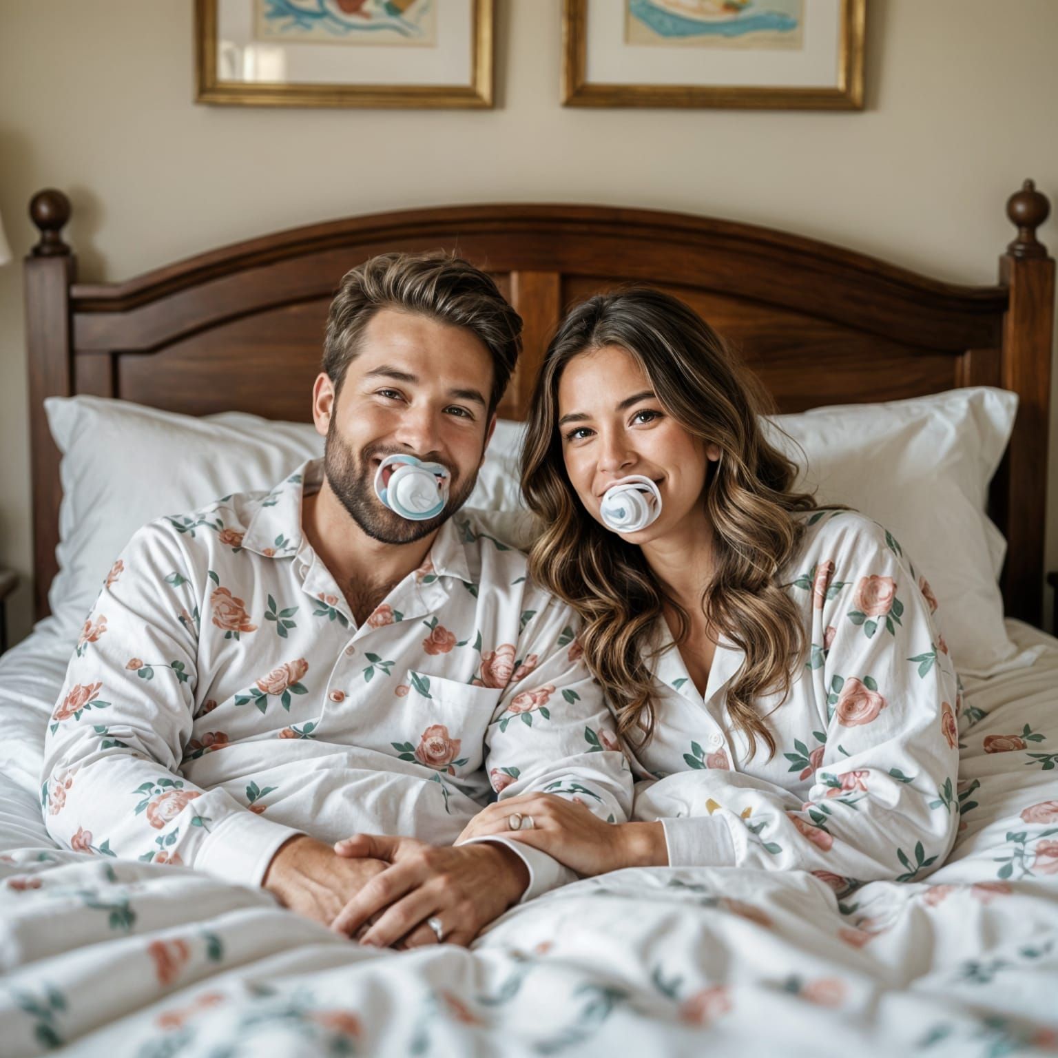 Couple Smiling in Bed with Oversized Pacifiers