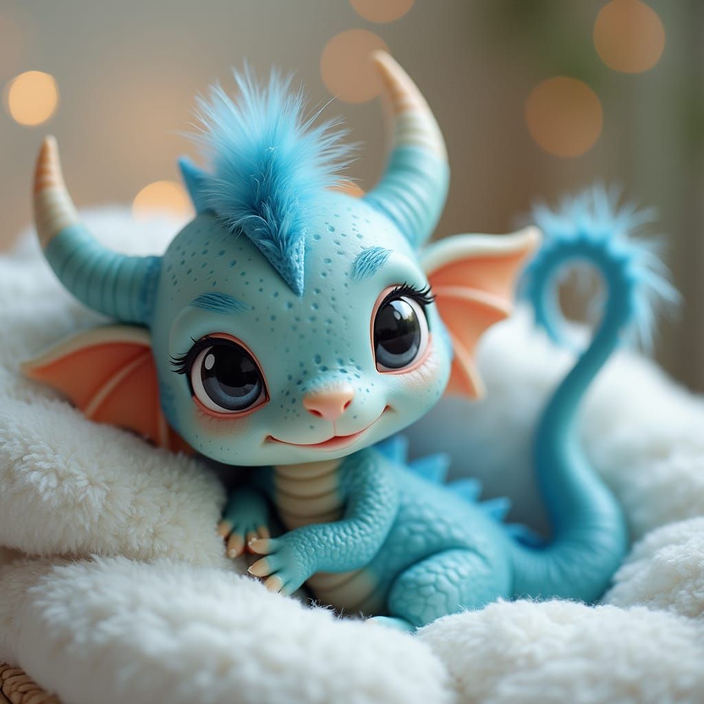 Chibi Newborn Dragon in a Cozy Bed Scene