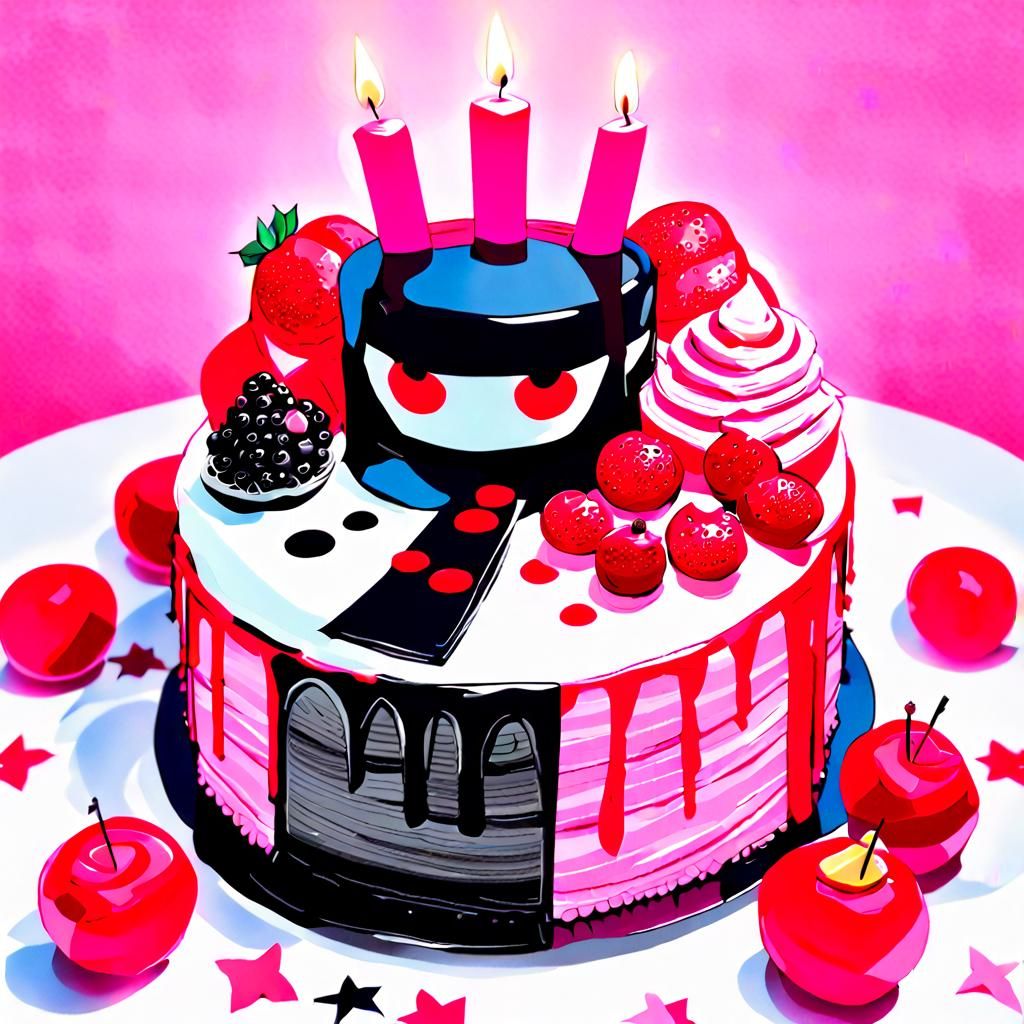 Pink Birthday Cake Still Life in Anime Style