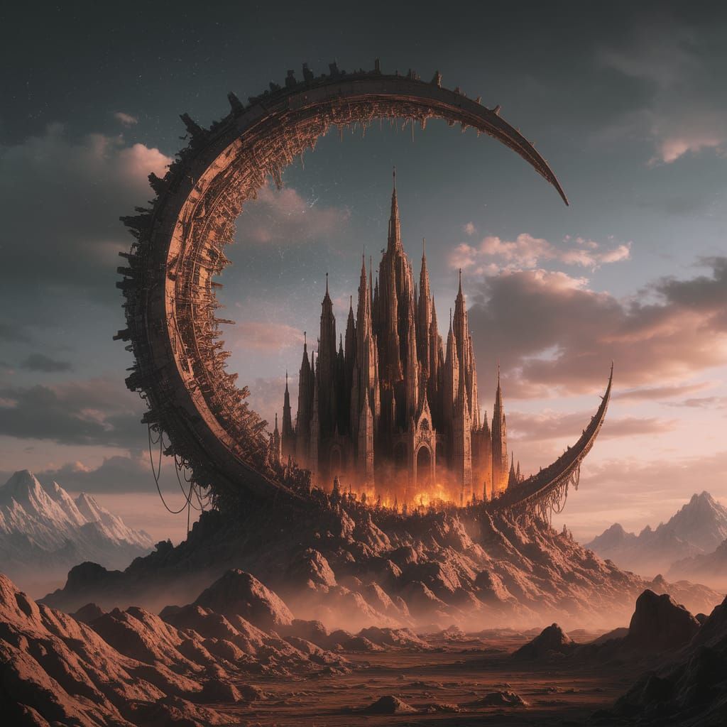 Biomechanical Cathedral City Within a Halo Mountain