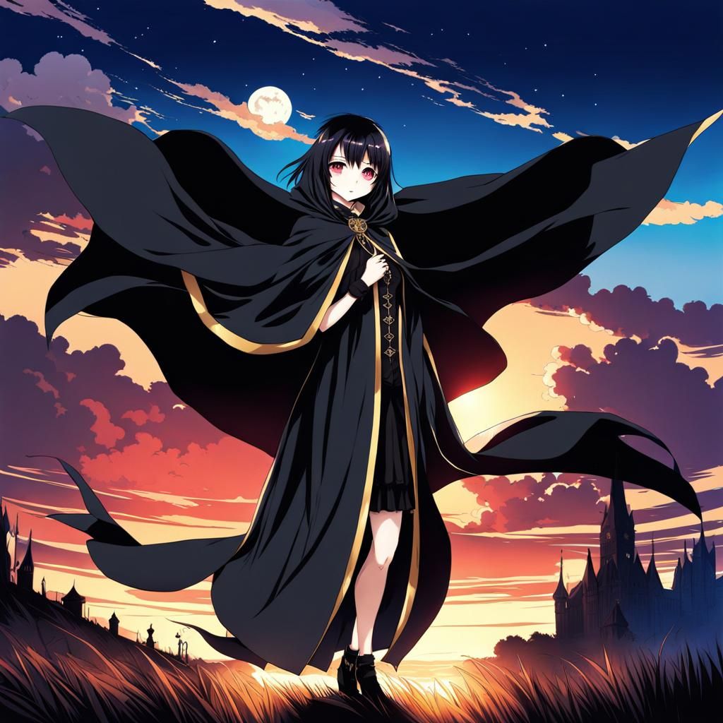 Romantic Goth in Black Cloak: Anime-Inspired Art
