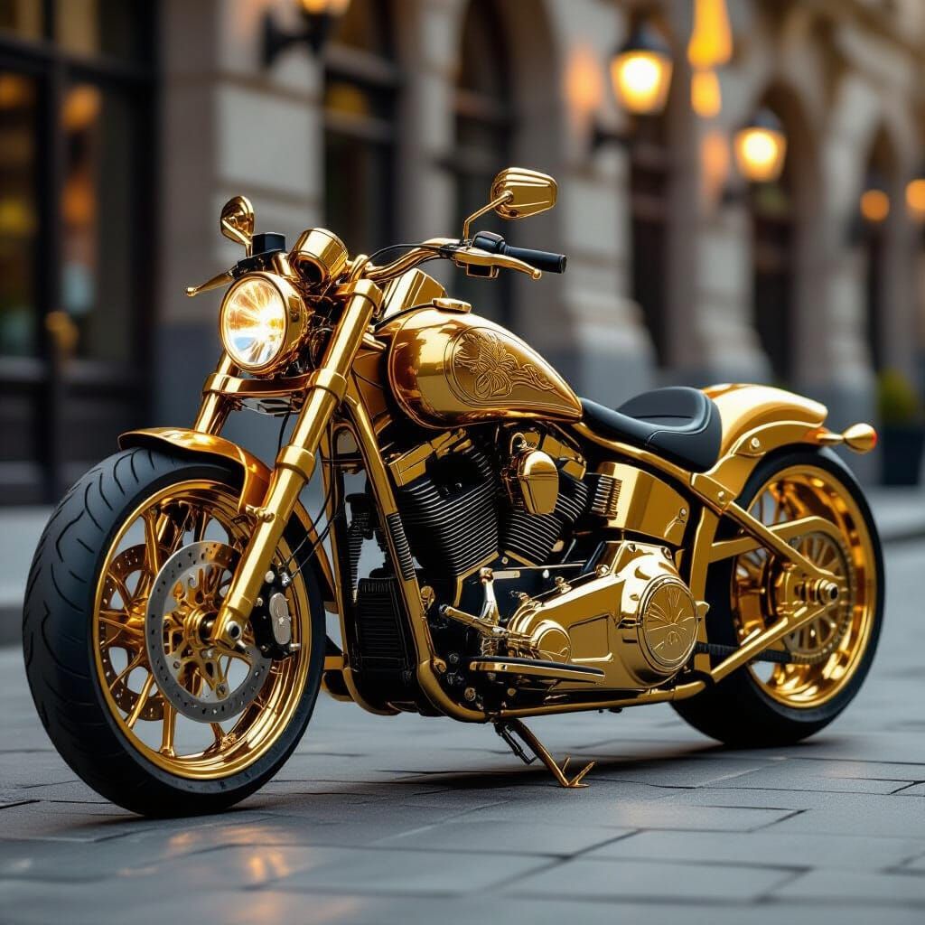 Solid Gold Motorcycle with Intricate Engravings