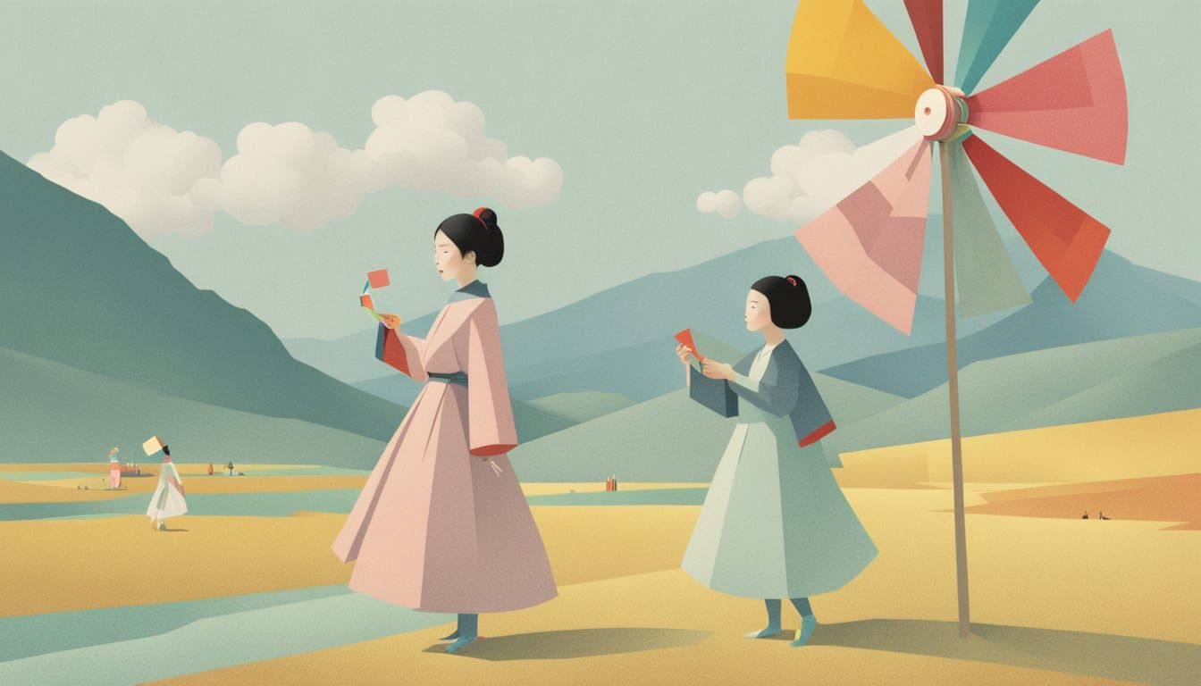 Chinese Lady Blows Colorful Windmill in Ancient Palace