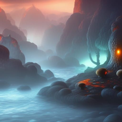 Fantastical Mushrooms by the Sea in Detailed Matte Painting