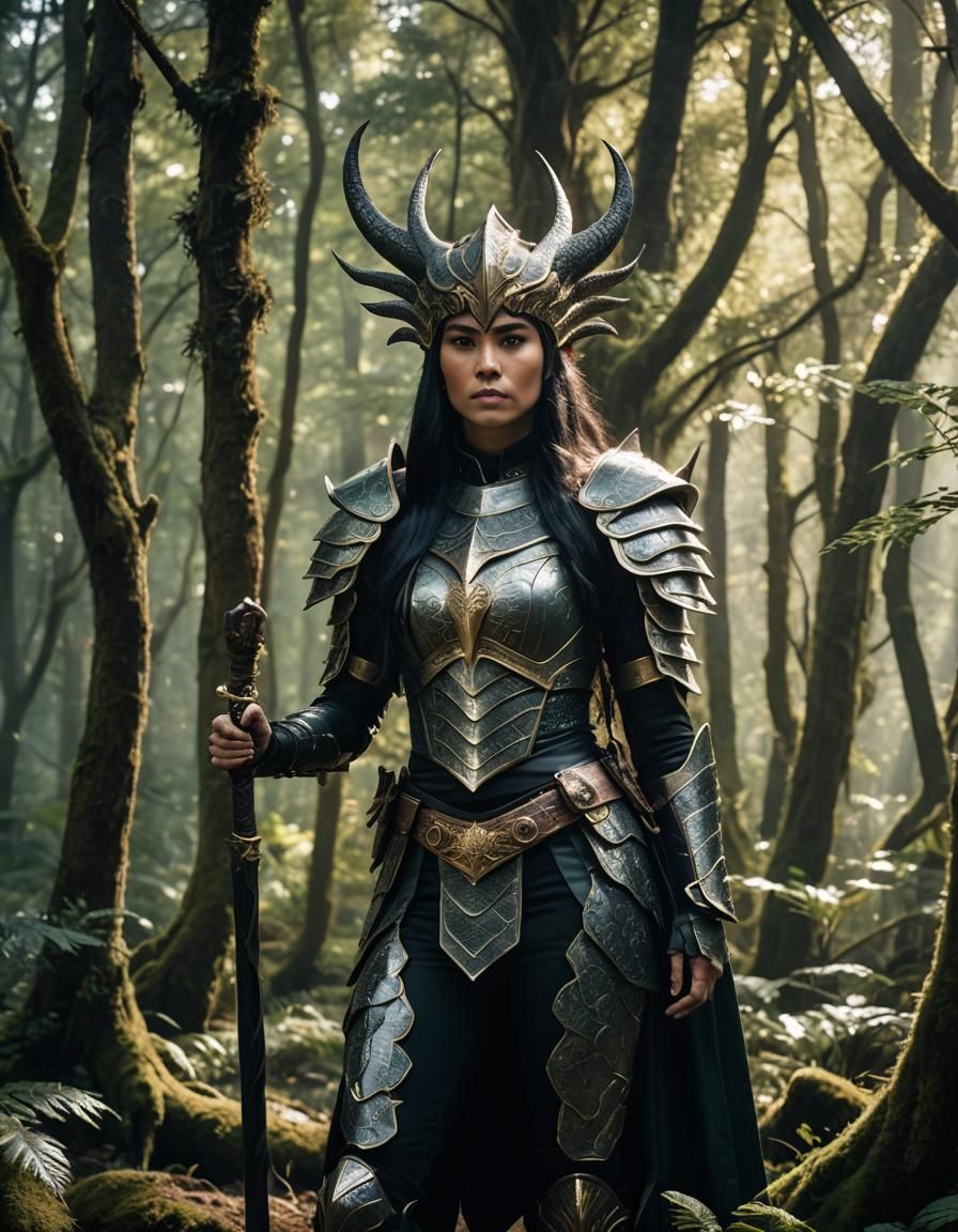 Vulcan/Elf Warrior in Dragon Armor in Mystical Forest