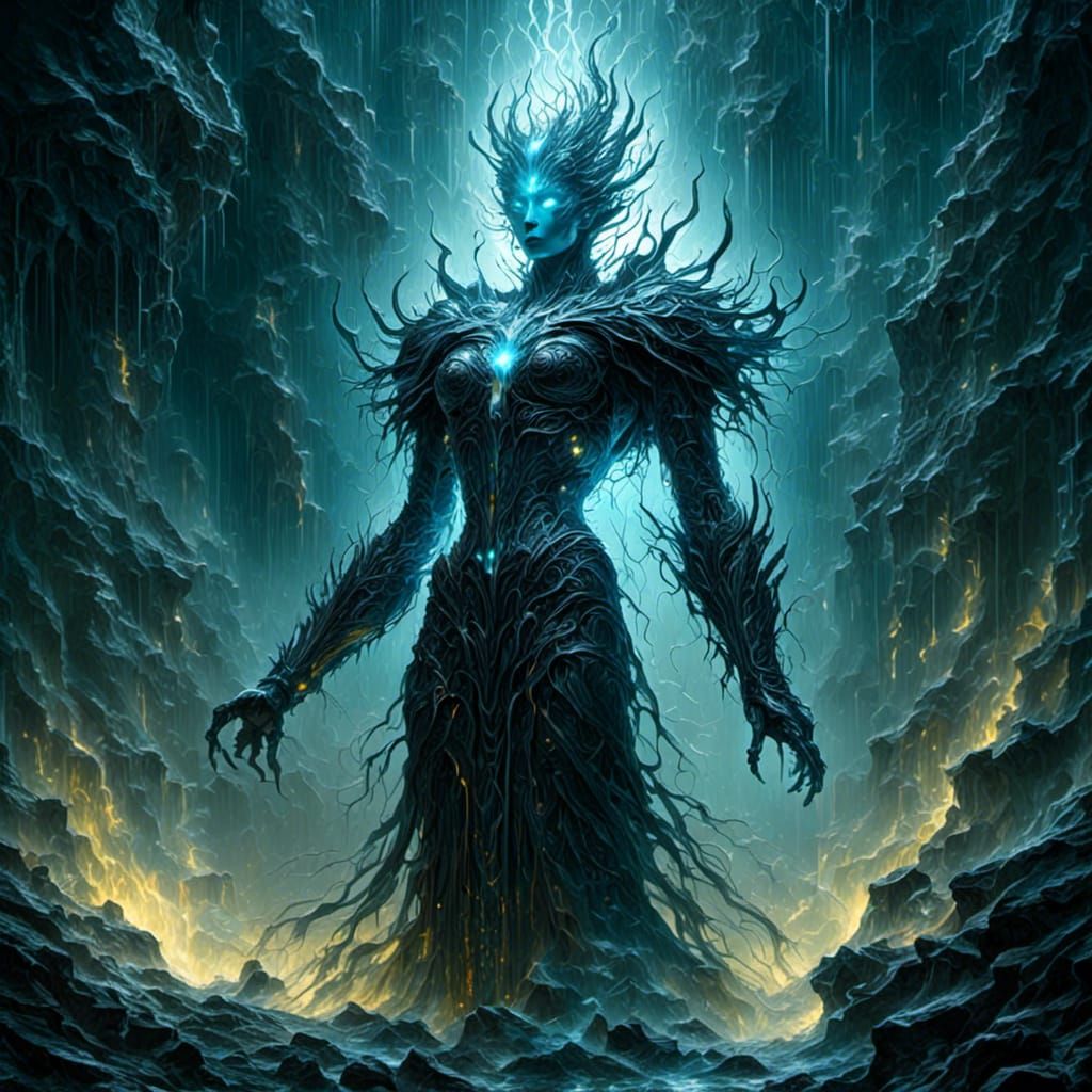 Cyberpunk Gothic Enchantress Walking in Rainy Dystopia