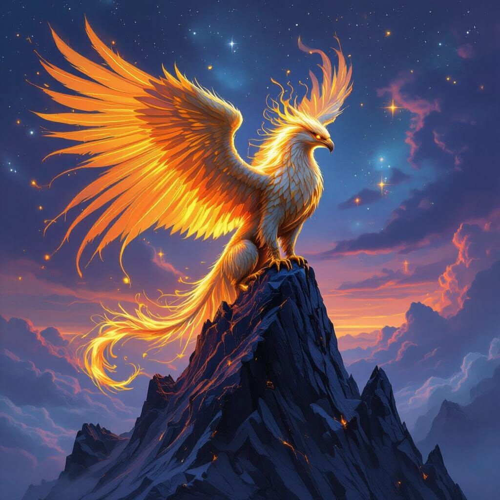 Golden Griffin Perched on Obsidian Peak