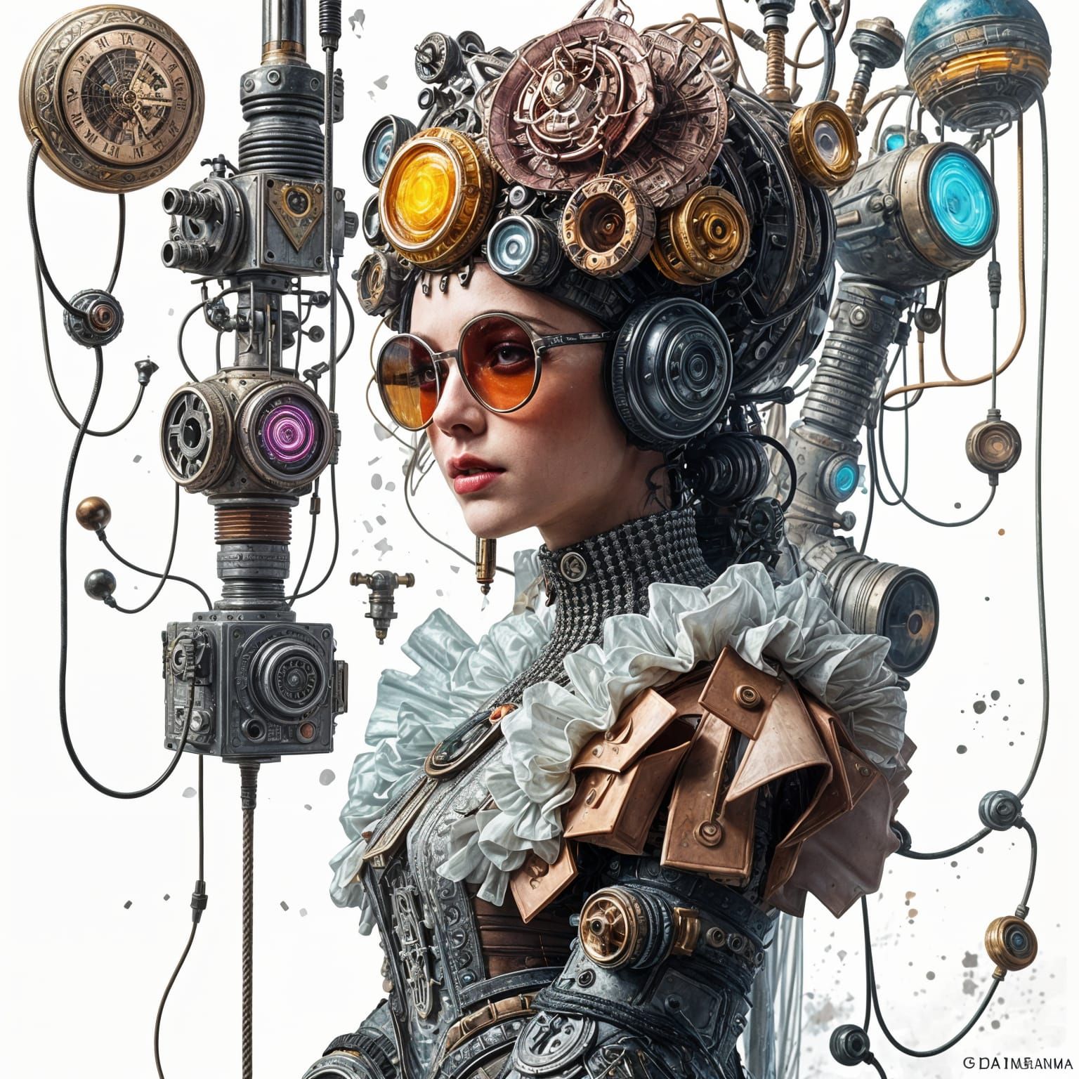 Victorian-Punk Woman Surrounded by Cyborgs