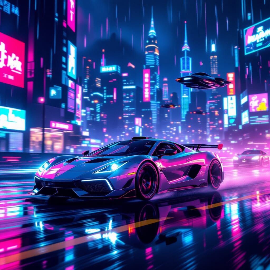 Neon Cyberpunk Sports Car Speeding Through Rainy City