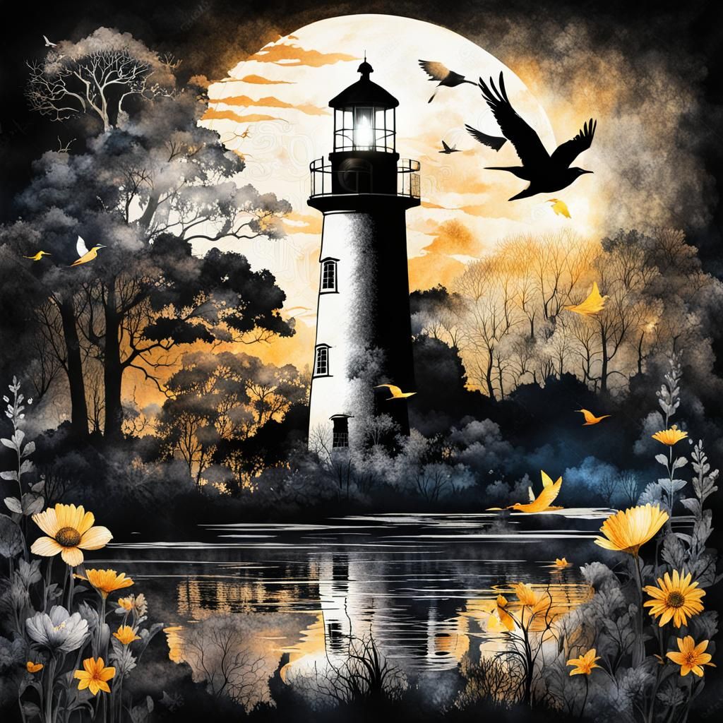 Fantasy Lighthouse: Surreal Ink Art Double Exposure