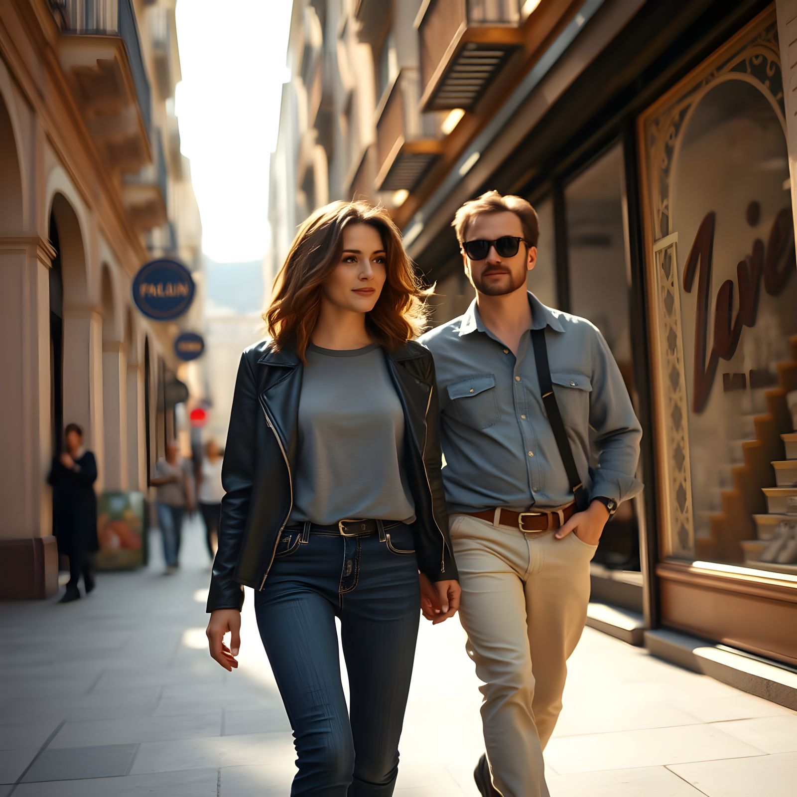 Couple Strolling Down City Street in 90s Style