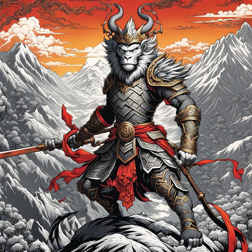 Monkey King Tattoo Design with Dragon and Phoenix