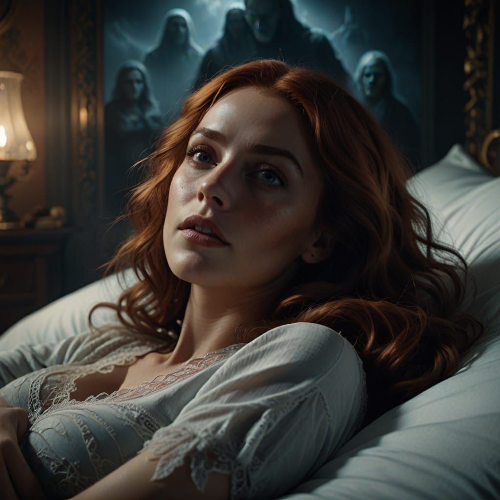 Woman in Sublime Ecstasy on Bed with Ghostly Figure