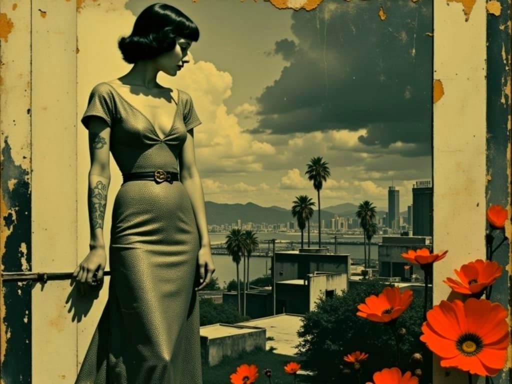 Los Angeles Film Noir Skyline in Art Deco Style