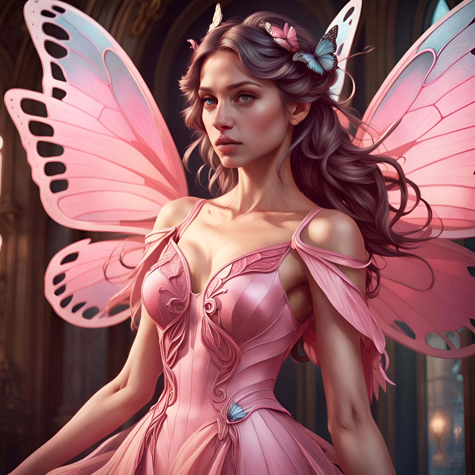 Pink Dress with Butterfly Wings: Hyperdetailed Concept Art
