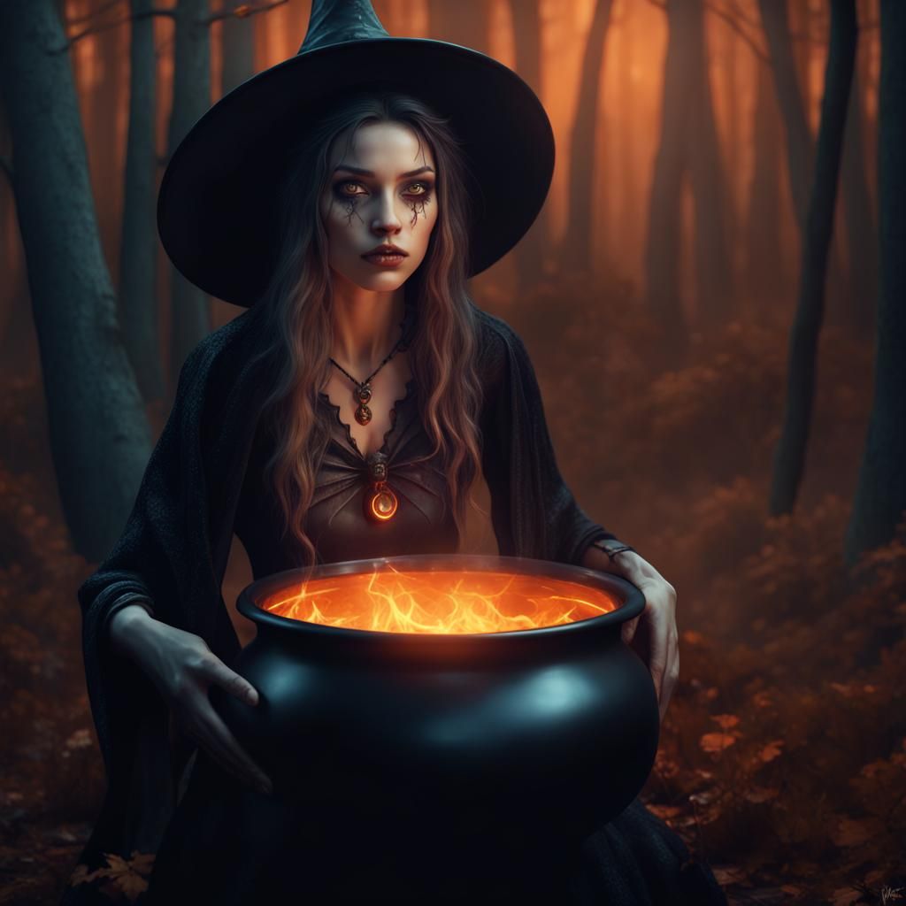 Halloween Witch in Woods: Fantasy Concept Art