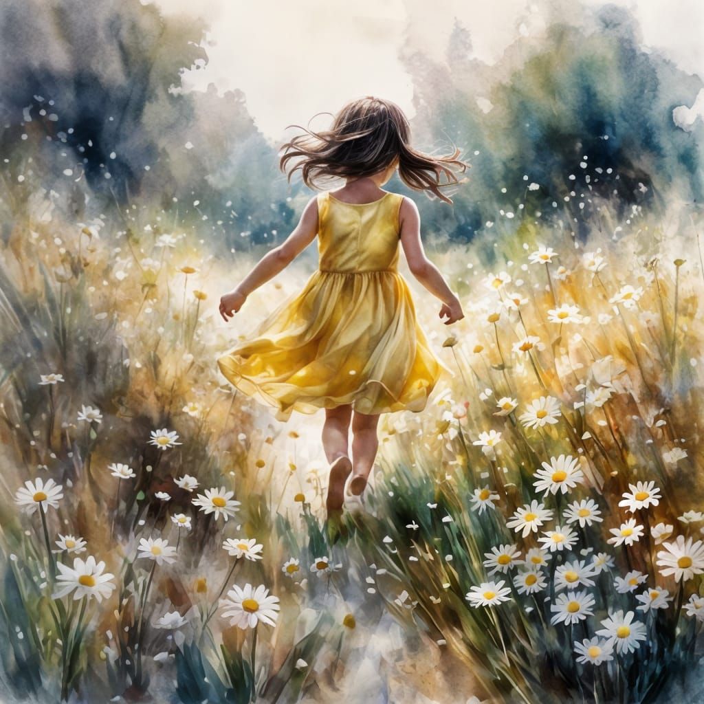 Cute Girl Frolicking in Daisy Field: Vintage Illustration