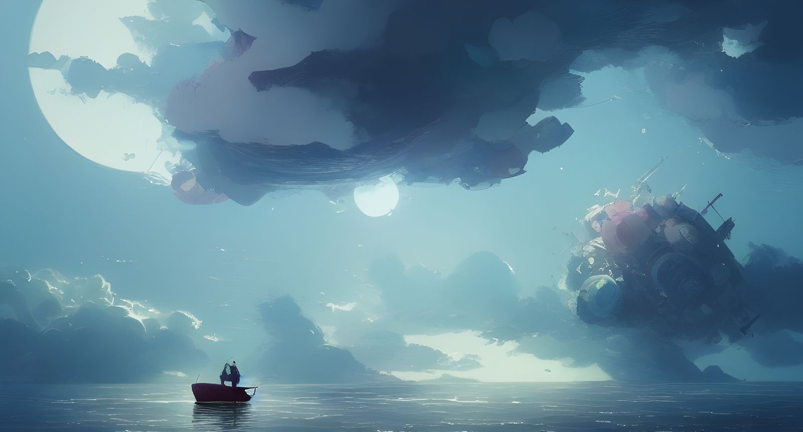 Boat Navigating Ocean of Clouds: Digital Illustration