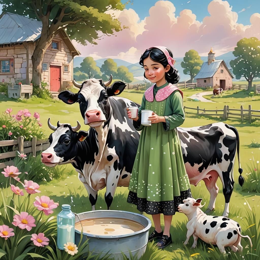 Girl and Cartoon Cow in a Whimsical Farm Illustration