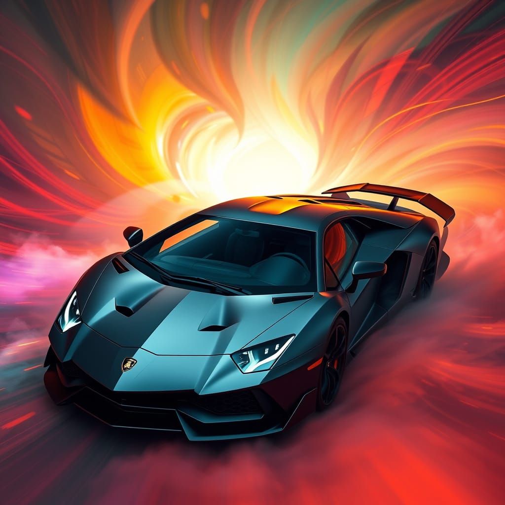 Cyberpunk Lamborghini Aventador SVJ in Swirling Vortex of De...