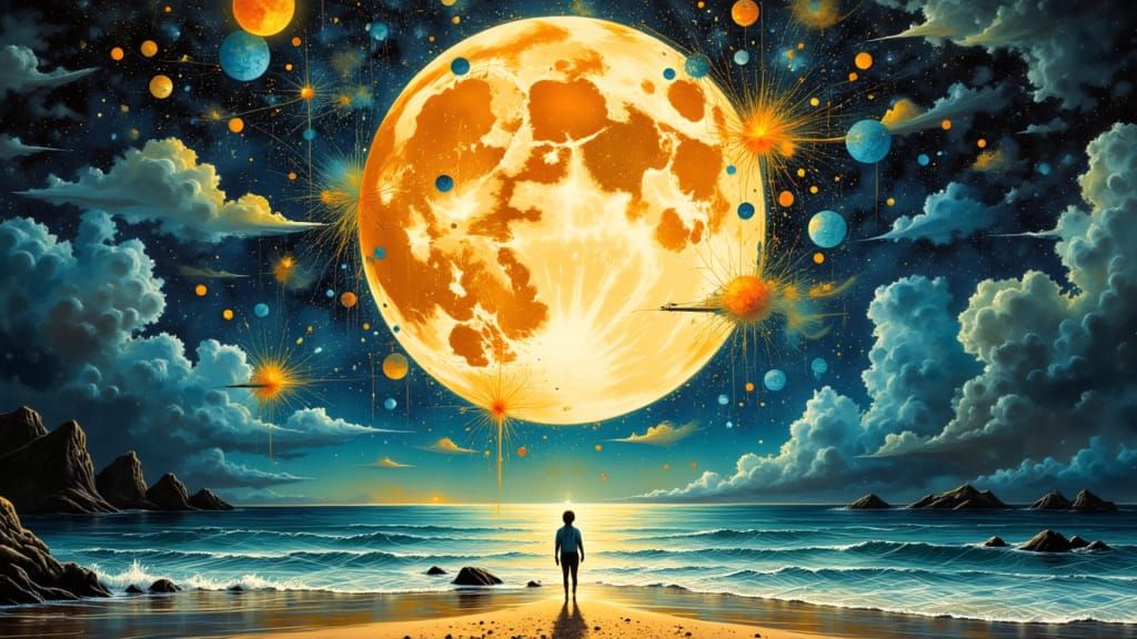 Surreal Dreamscape: Moonlit Beach with Glitch Art