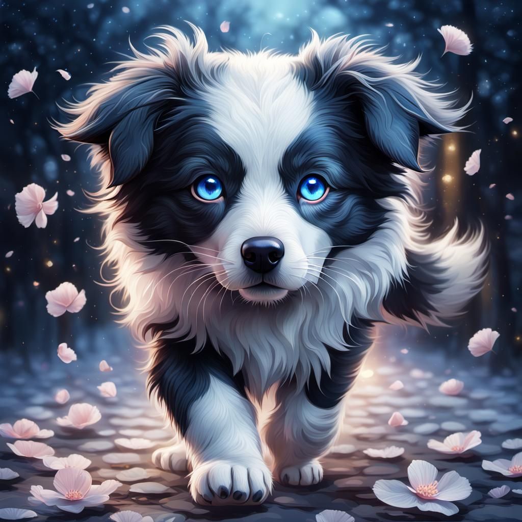 Adorable Border Collie in Digital Art with Sakura Petals