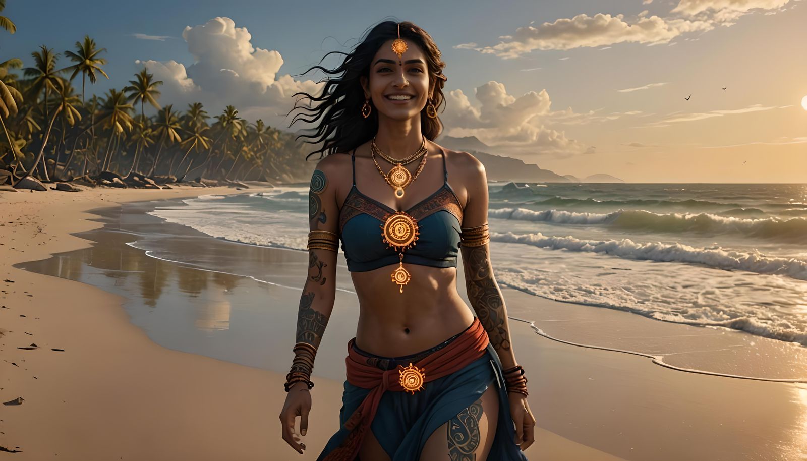 Radiant Indian Woman with Chakra Tattoos on Beach