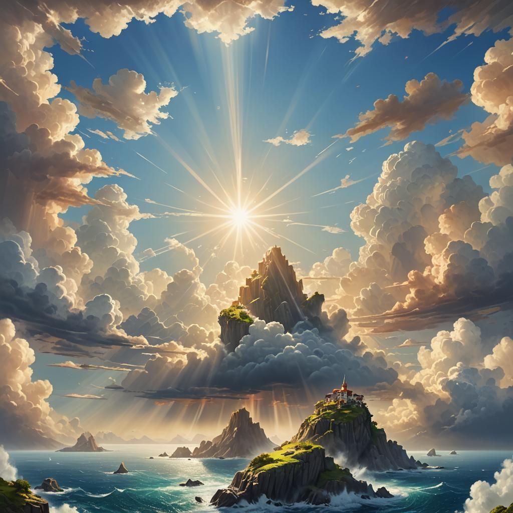 Island Scene with Divine Sunshine and Clouds