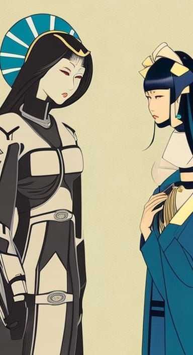 16k resolution, Taisho-era cybernetic romance, Takabatake Kasho style, two android women sharing a moment in a secret al...