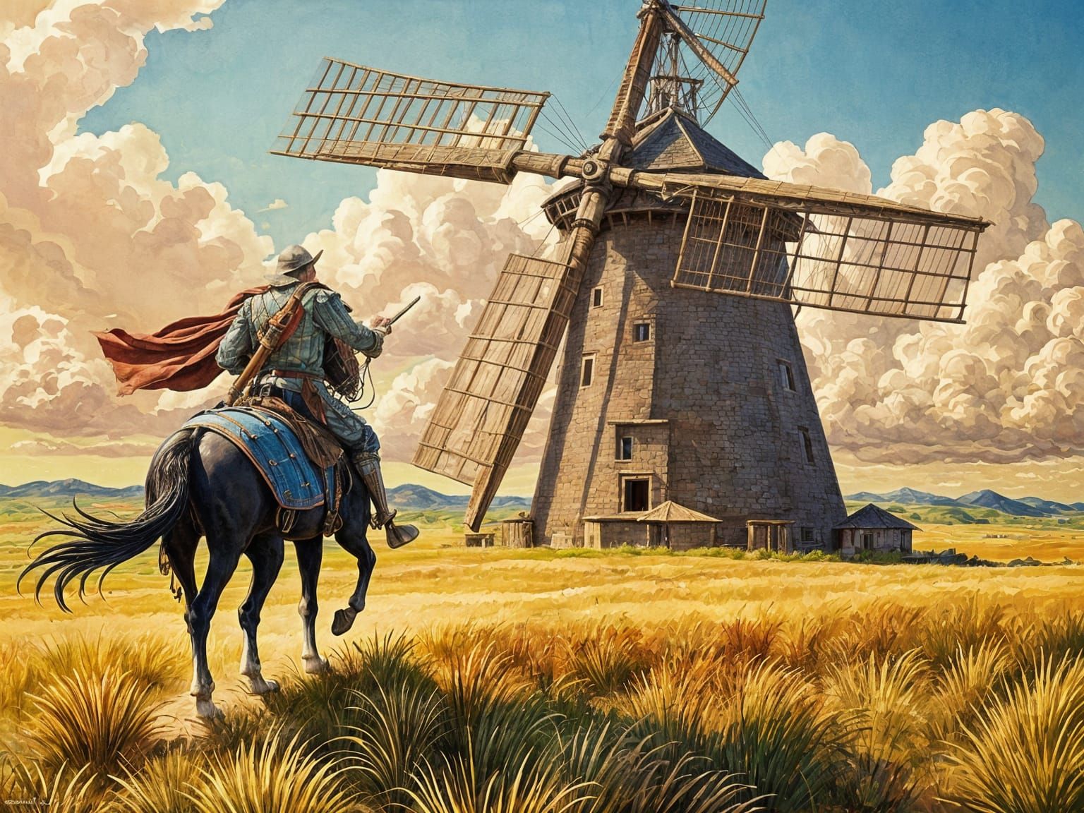 Don Quixote Windmill Battle in Gouache Style