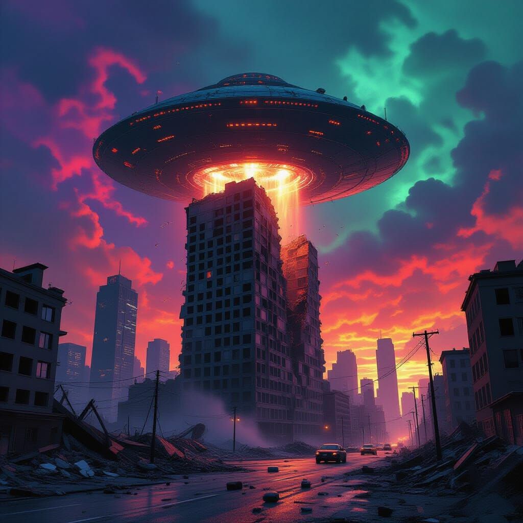 City Ruins Under Alien Invasion: Apocalyptic Sci-Fi Art