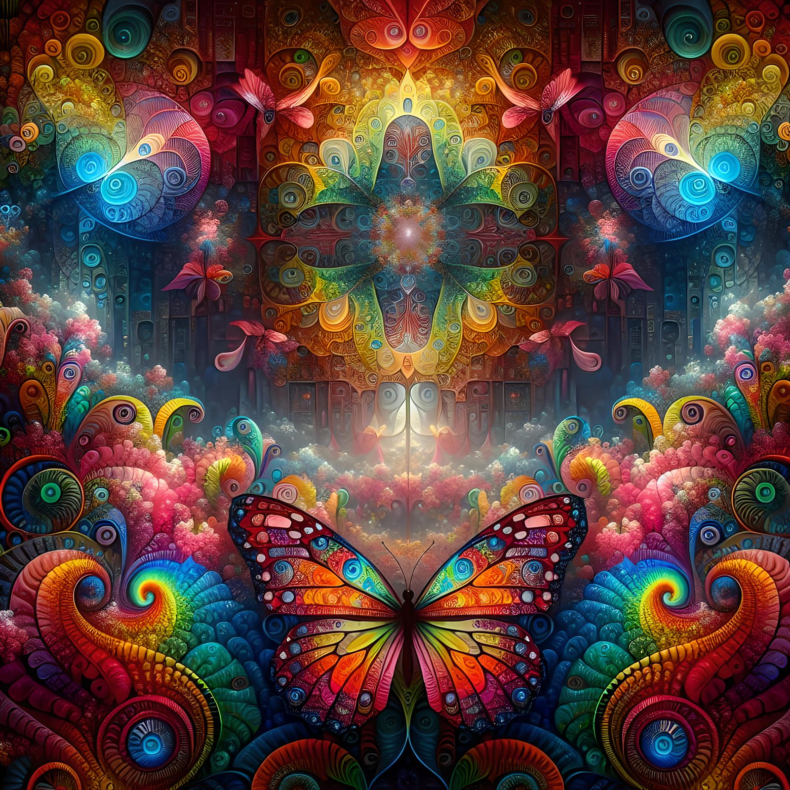 Psychedelic stained-glass kaleidoscope fractal butterfly