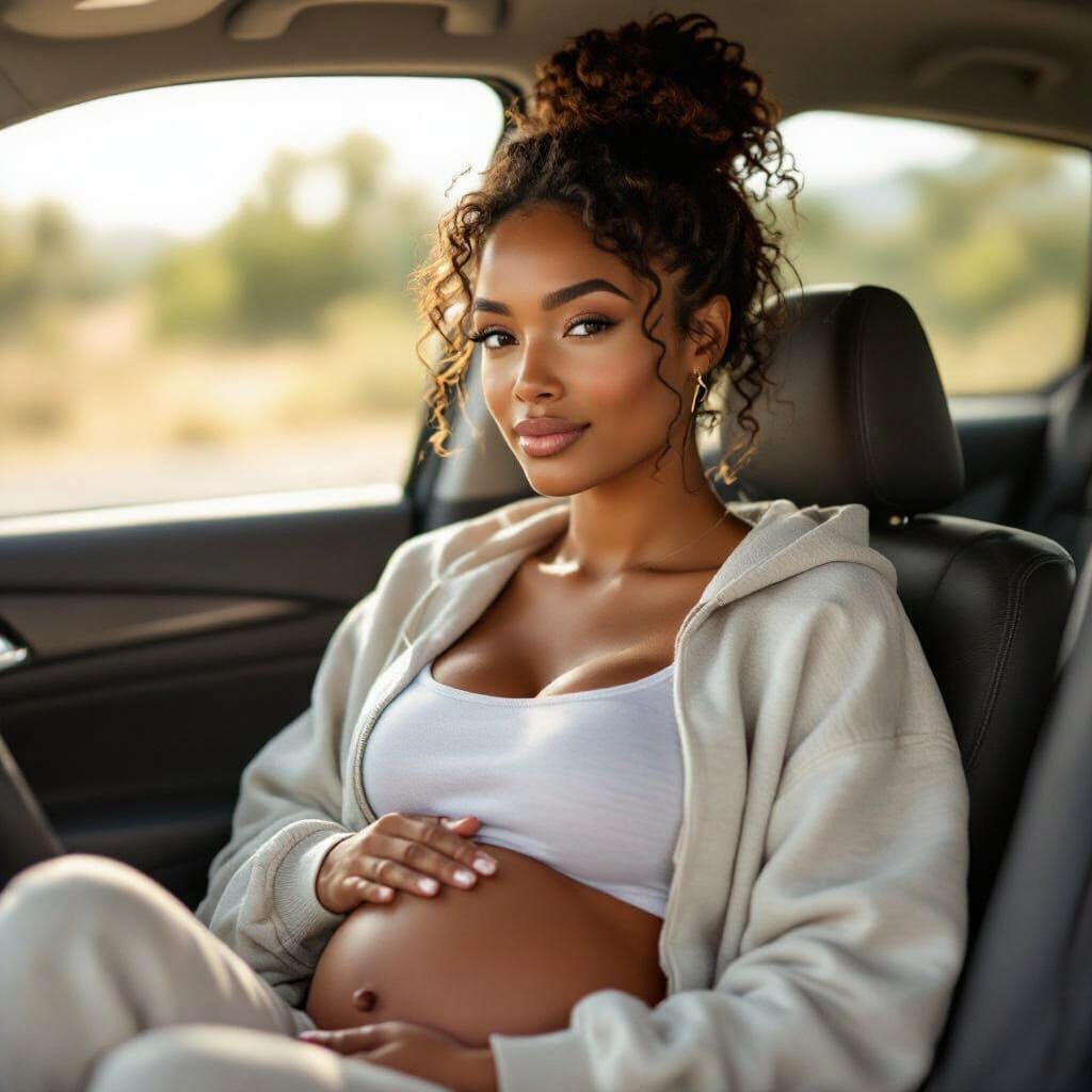 Pregnant Woman in Car with Natural Daylight