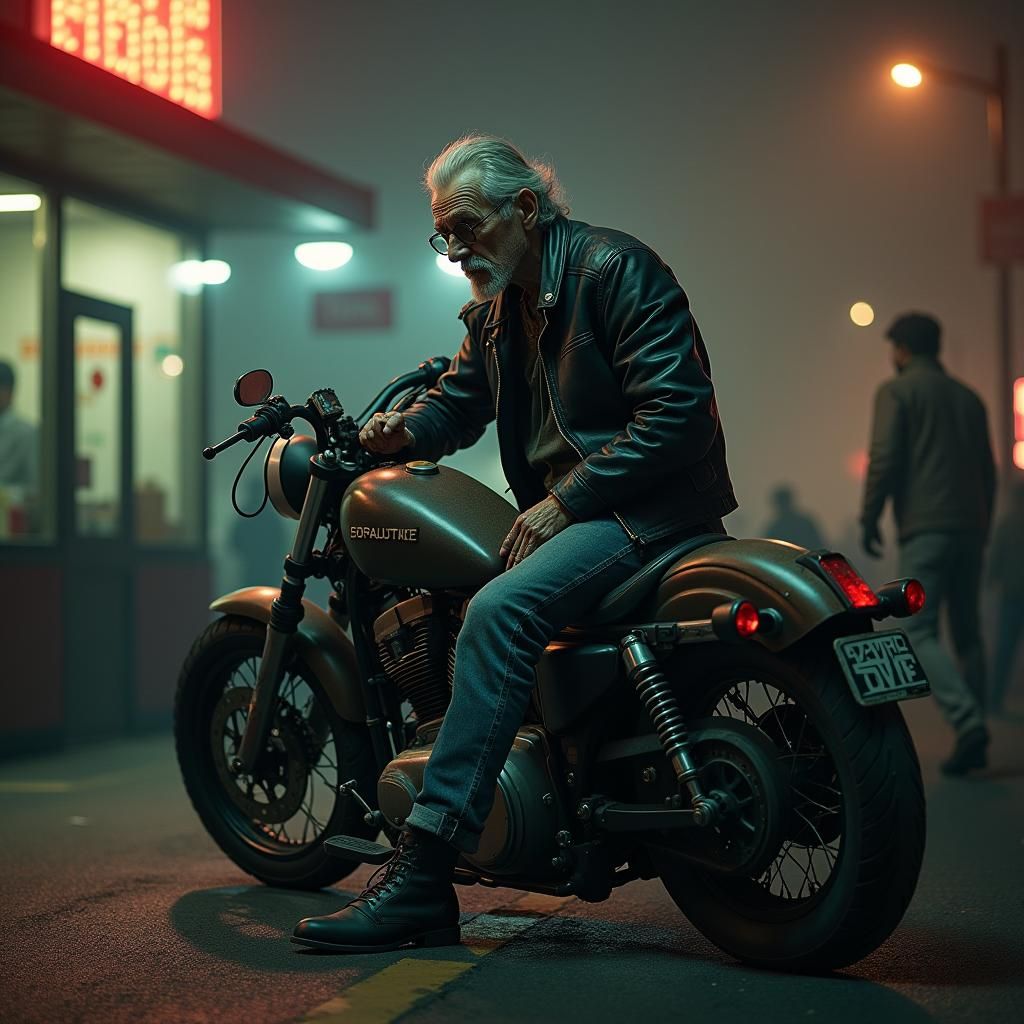 Grizzled Biker in Dystopian Diner, Atmospheric Art
