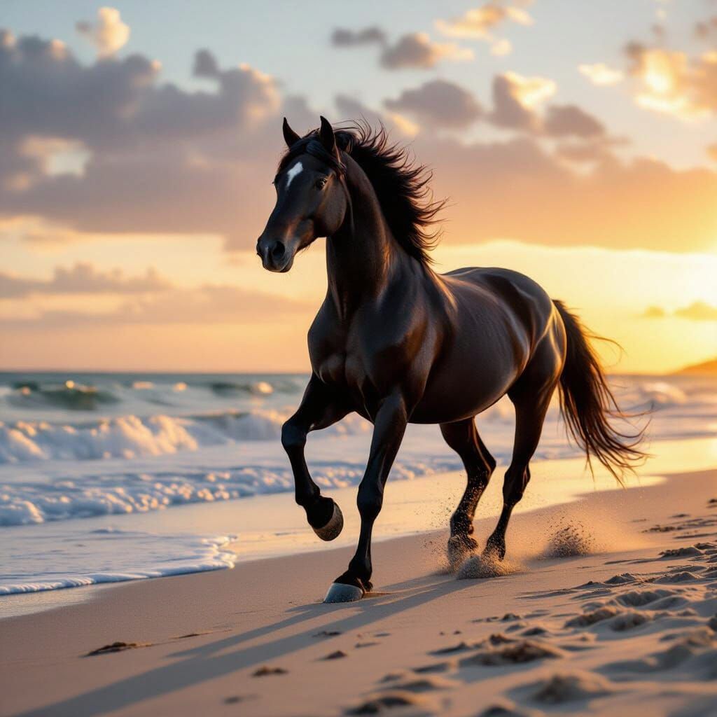 Black Friesian Horse Galloping on Beach at Sunset