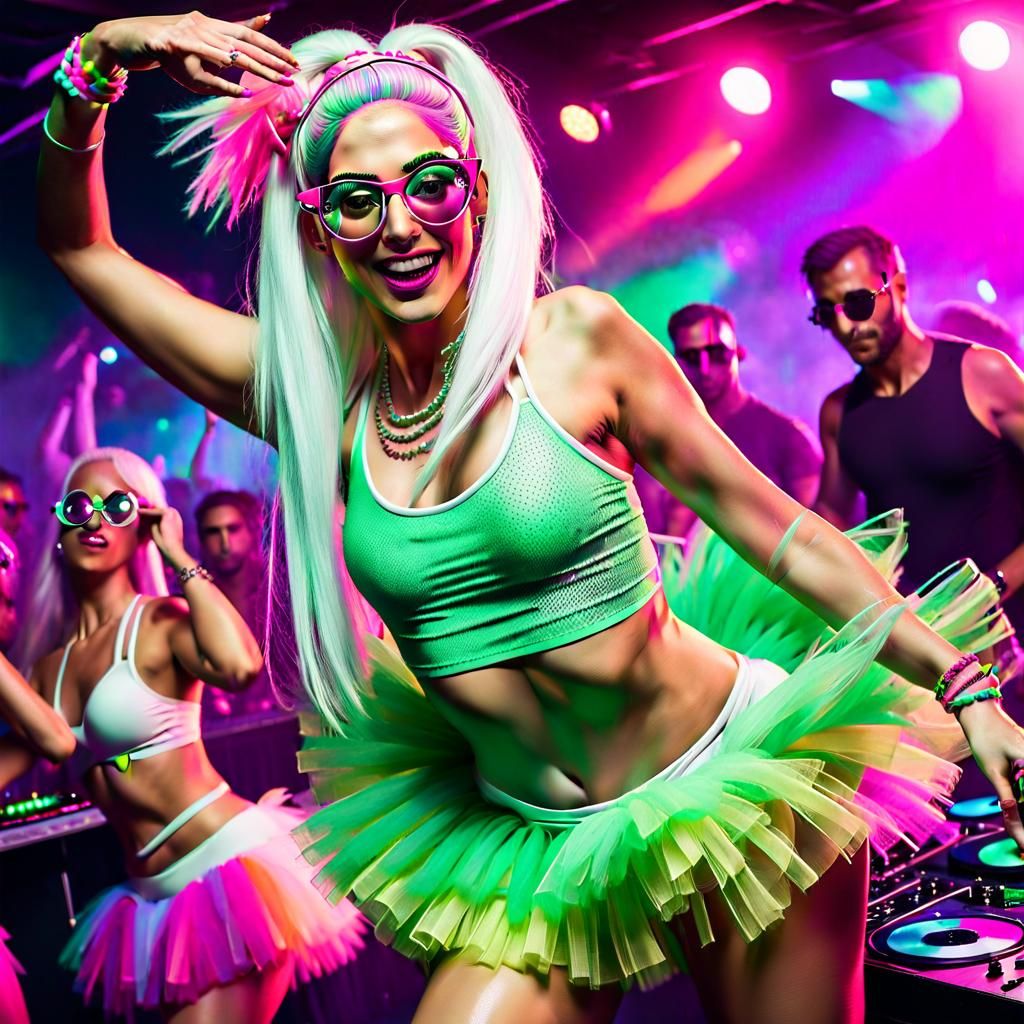 Persian Rave Girl Dancing in Club with Rainbow Tutu