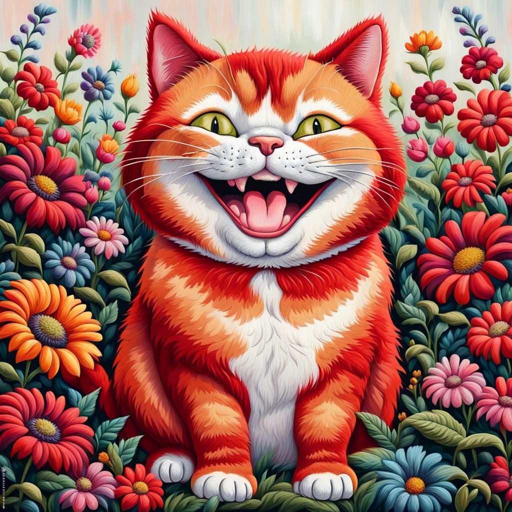 Laughing Red Cat in Flower Garden, Airbrush Style