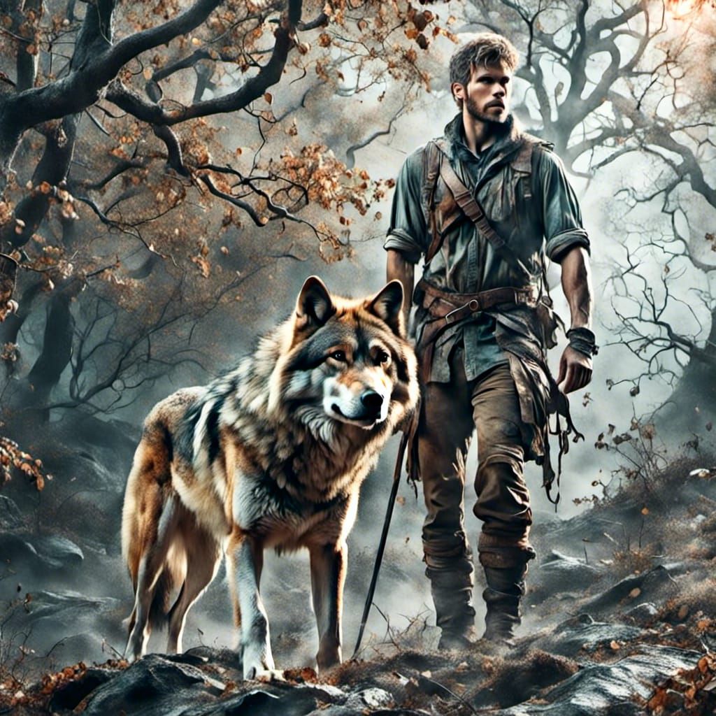 Ethereal Wolf and Ranger Portrait in Misty Forest
