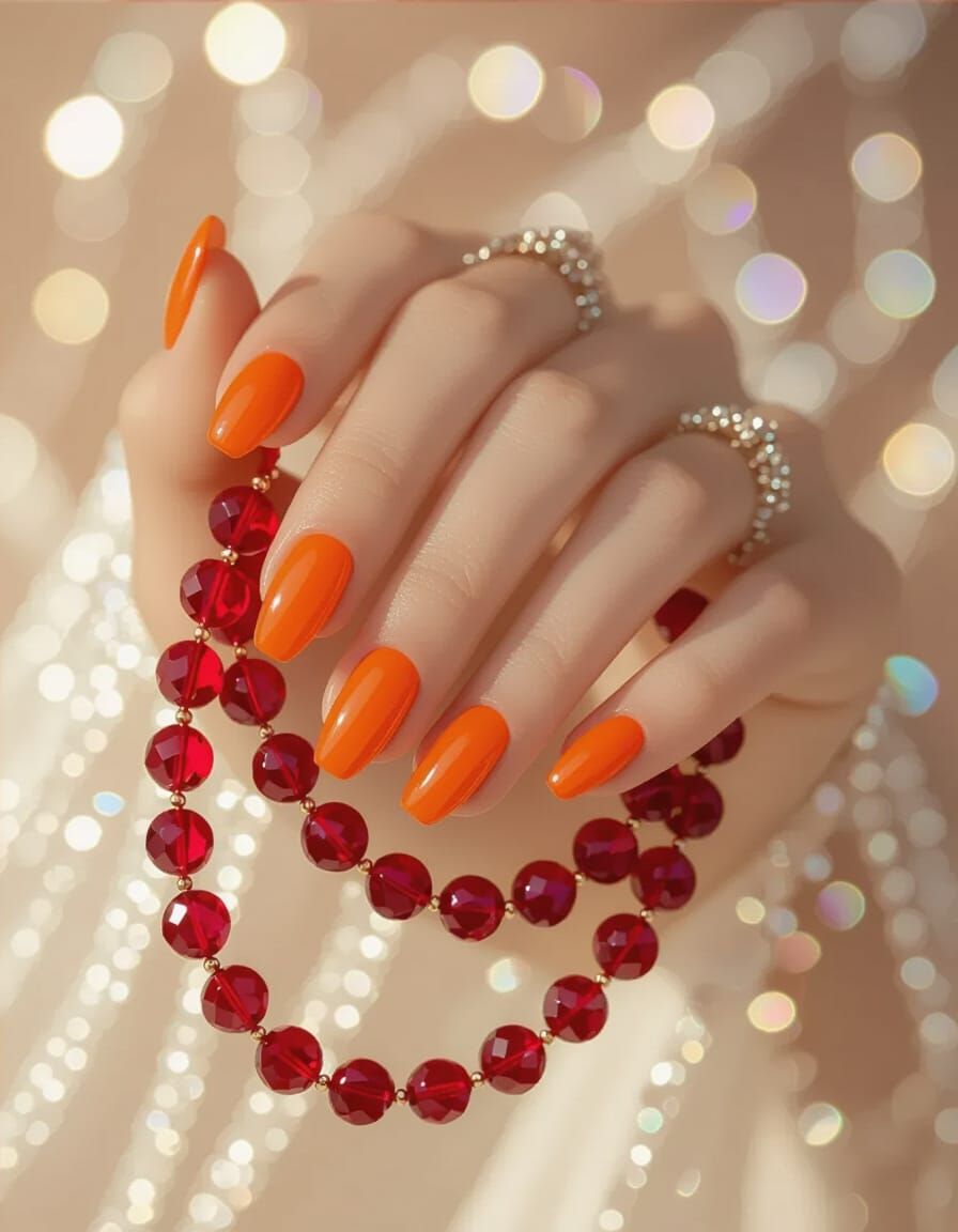 Woman's Hand with Deep Orange Nails Holding Ruby Chain