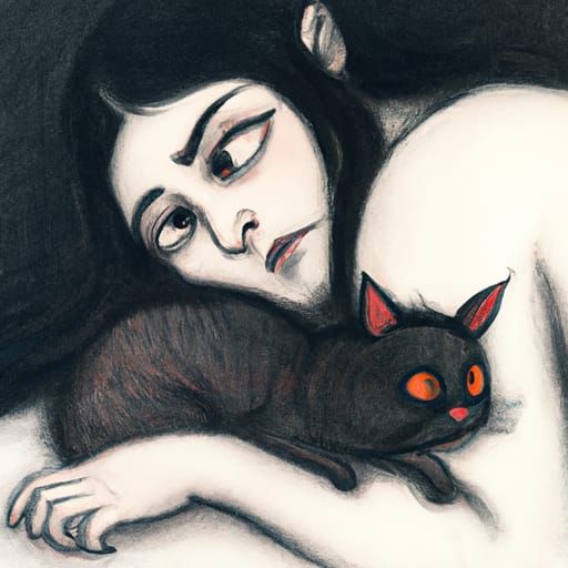 Woman and Cat in Horror Style
