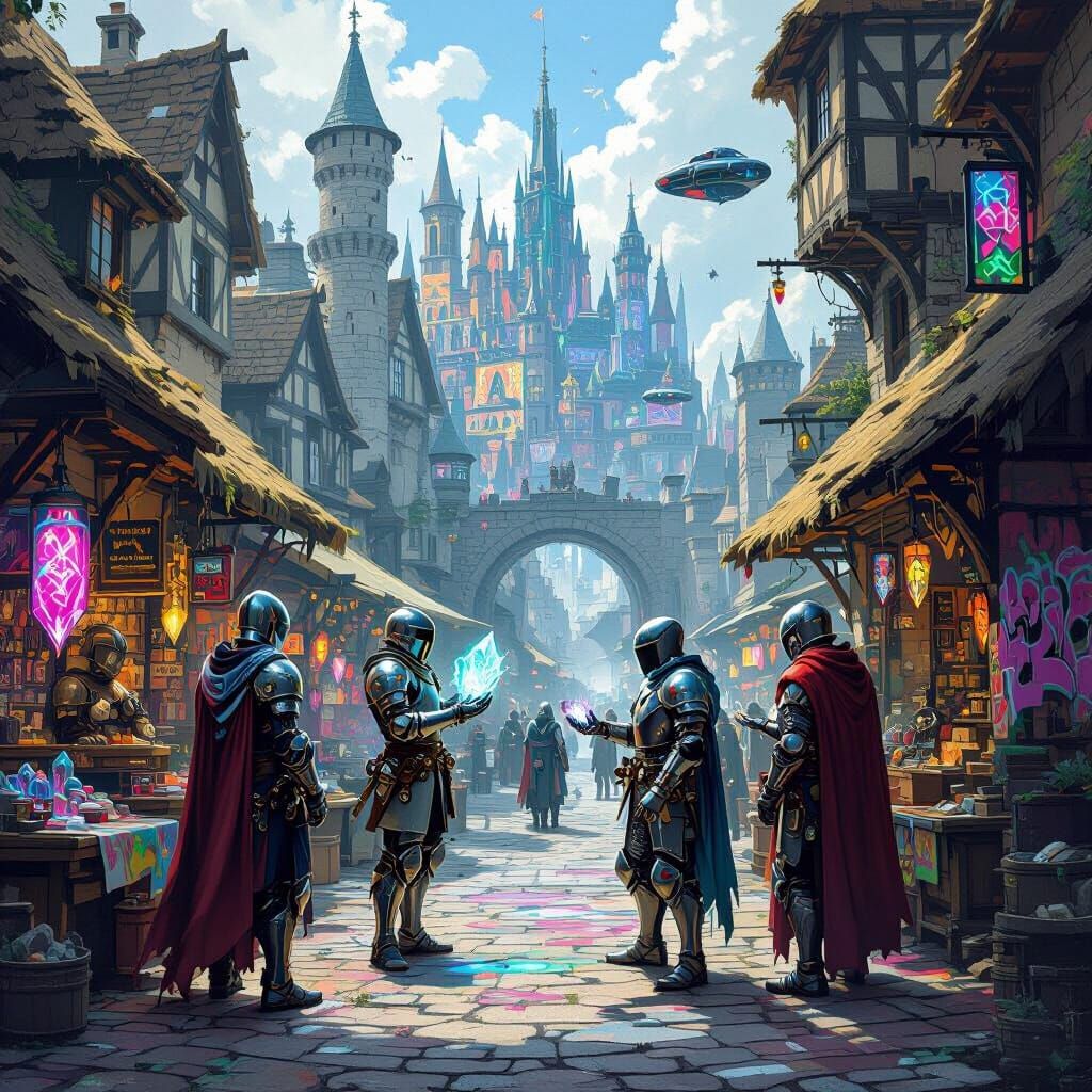 Medieval Marketplace Meets Future Cityscape in Graffiti Art