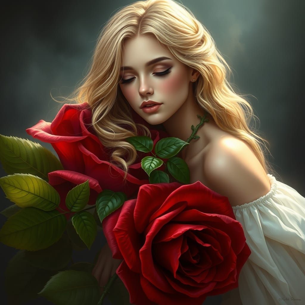 a fair-skinned woman with cascading blonde hair, delicately ...