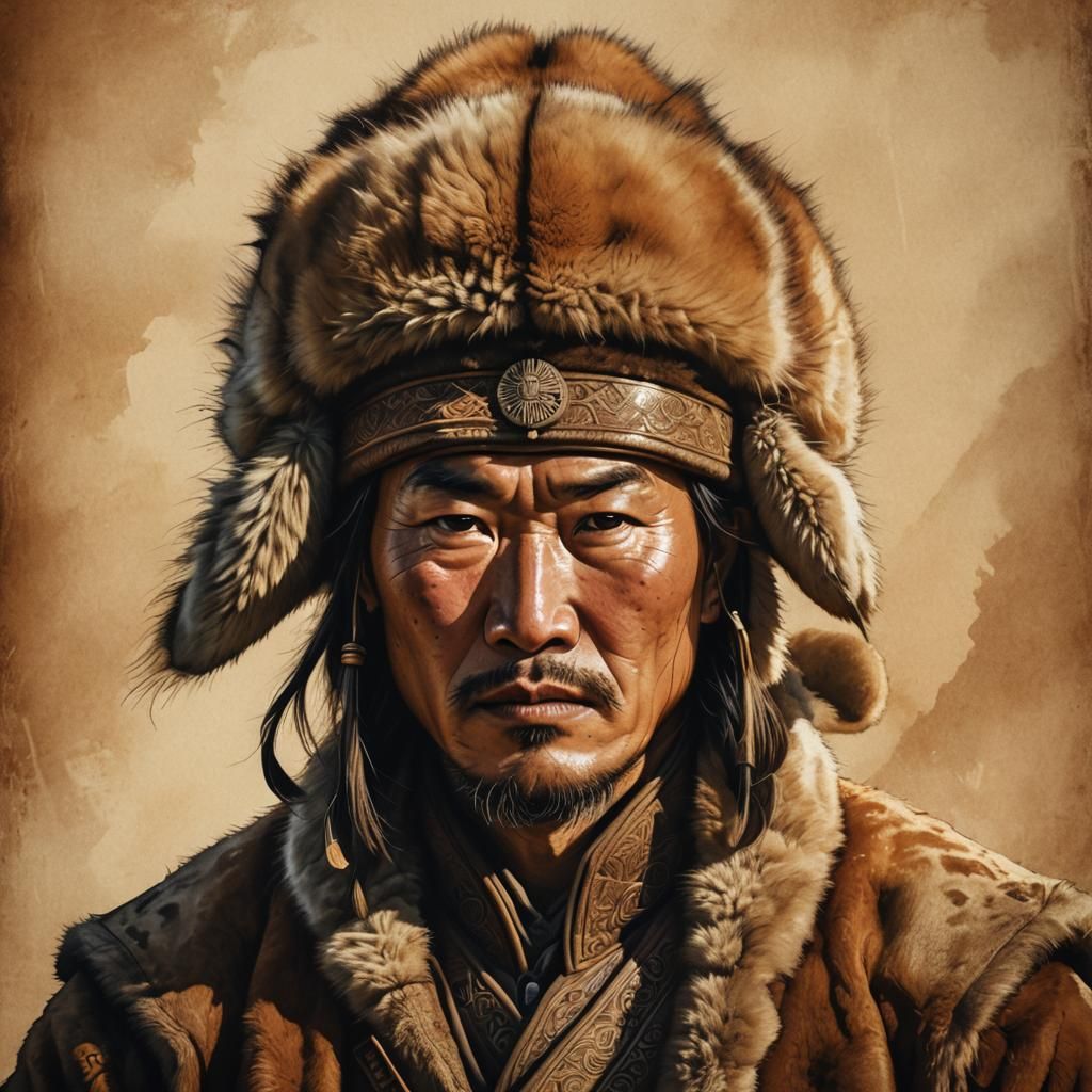 Mongolian Man Portrait in Traditional Attire
