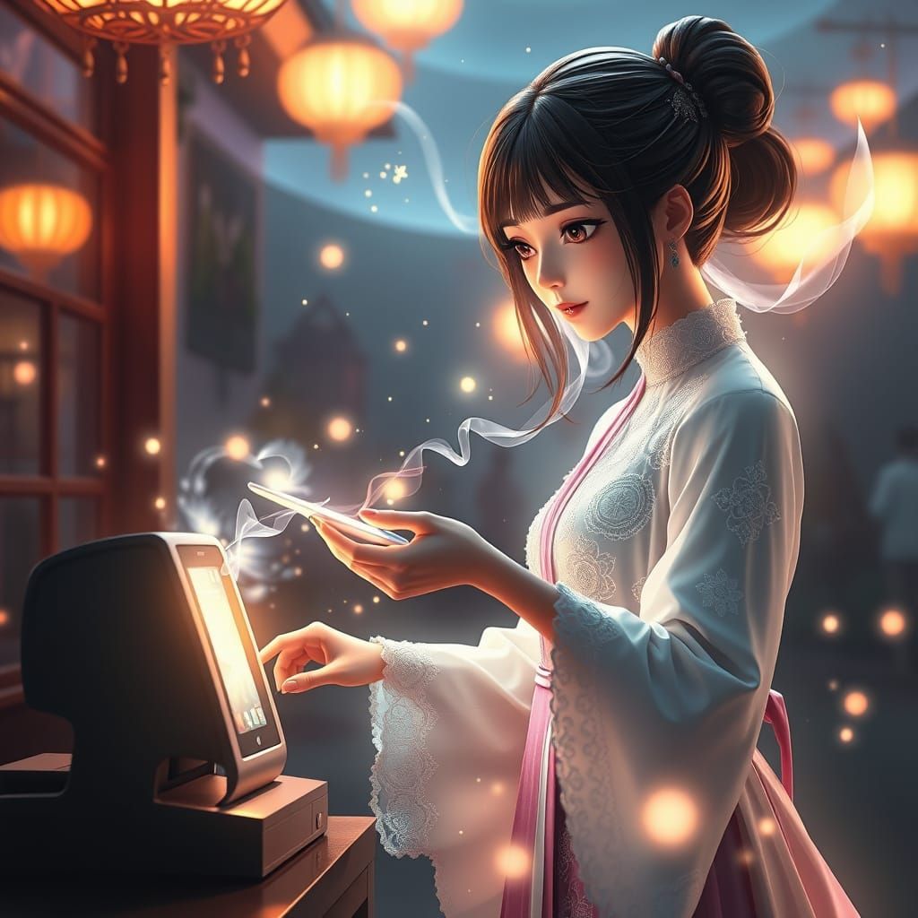 Magical Woman Transferring Payment in Anime 3D Style