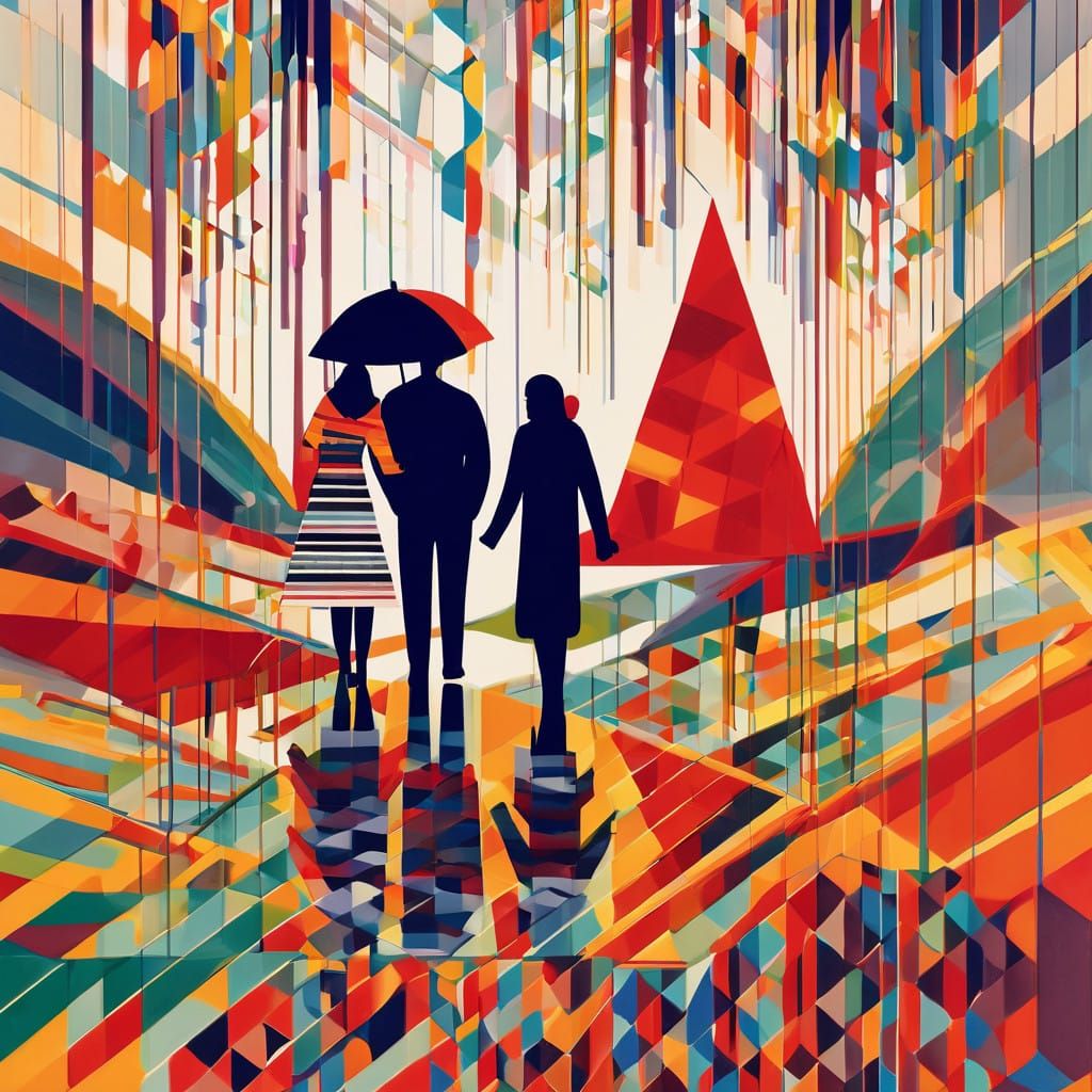 Vibrant Gold Rain in Fragmented Neo-Cubist Scene
