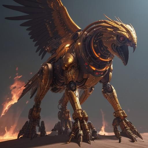 Golden Fire Bird with Intricate Mech Details