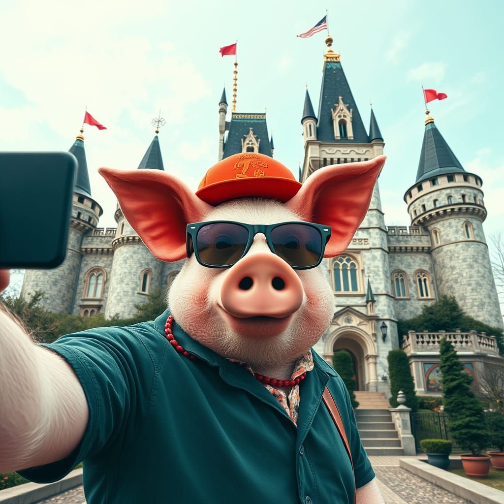 Retro Pig-Man Embracing Vintage Castle in Vibrant Pop Art St...