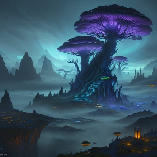 Ethereal Tree City in Twilight Fantasy Realm